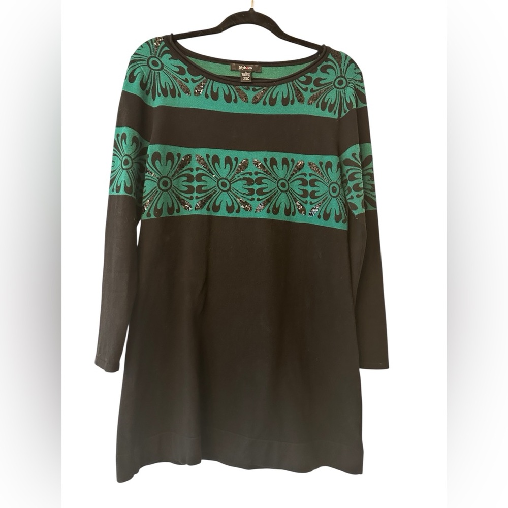 Style & Co Styluxe Black with Teal Floral Stripe midi knit dress